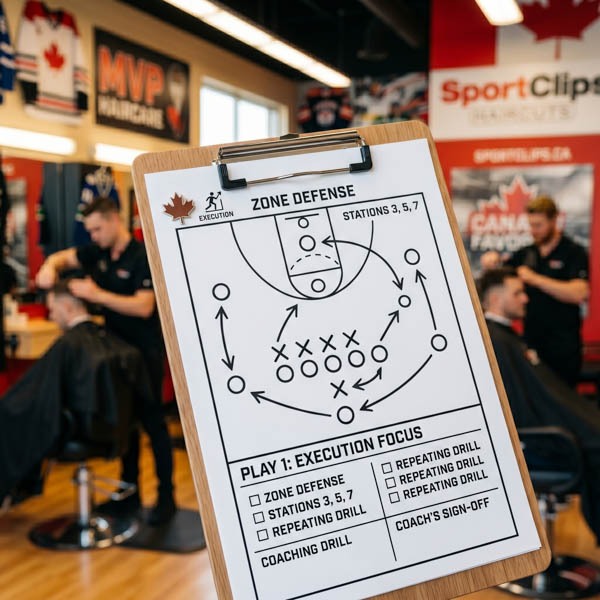 photograph of a coach’s clipboard with a crisp, clearly drawn strategic playbook