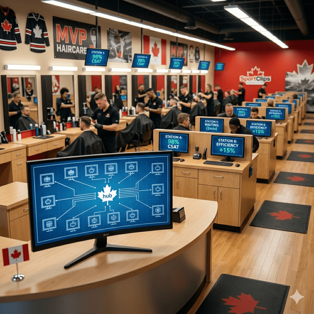 A wide-angle square interior view of a modern Canadian service salon featuring multiple standardized service stations.