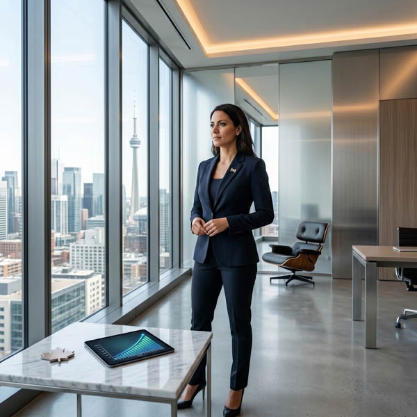 A forward-looking, cinematic shot of a modern Canadian entrepreneur standing confidently, looking off-camera