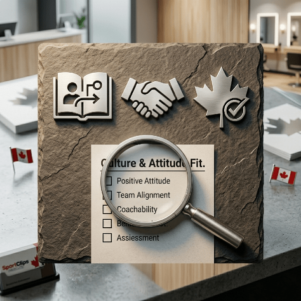 A top-down flat-lay photograph on a textured dark grey slate surface, featuring three brushed metal icons: a 'training' book, a handshake, and a Canadian maple leaf with an 'execution' checkmark. Below them, a metal magnifying glass is placed over a paper checklist titled 'Culture & Attitude Fit.' Softly blurred reflections of a clean, modern service counter are visible in the background.