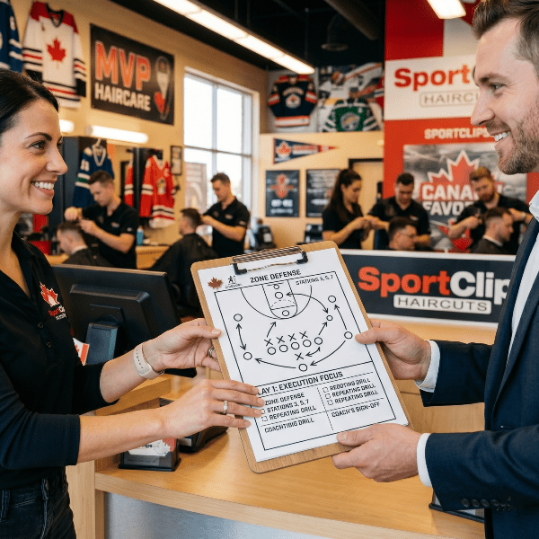 Sport Clips leaders with playbook.